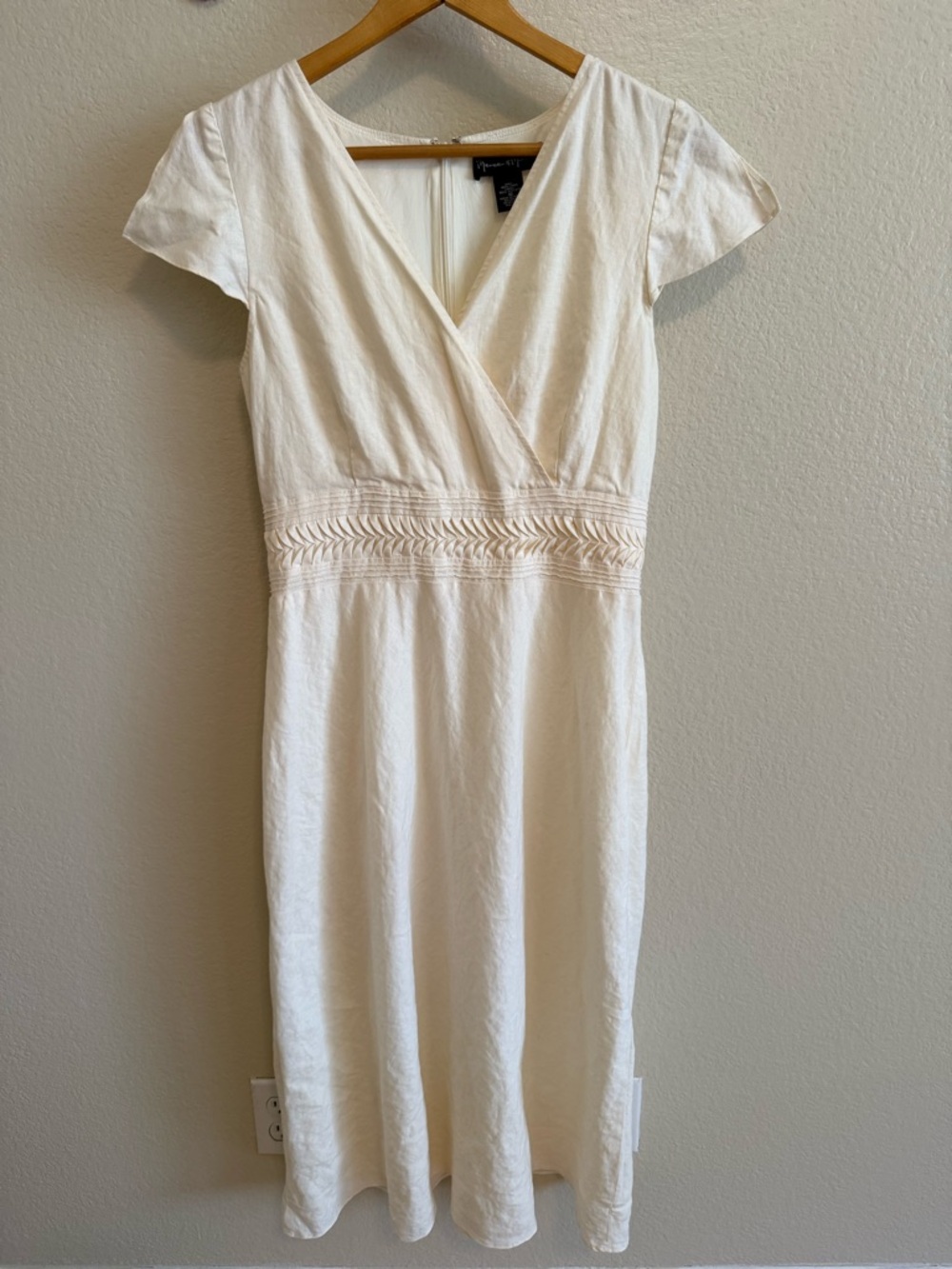 mercer & madison Cream Linen Wrap-Style Midi Dress with Embroidered Waist Sz 10